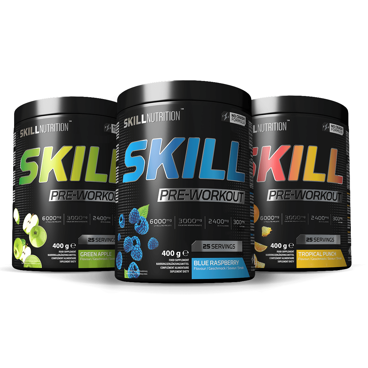 three preworkouts skill nutrition in different flavours